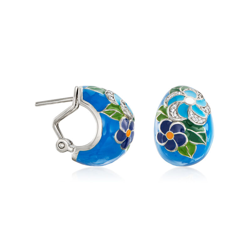 Belle Etoile &quot;Melia&quot; Multicolored Enamel J-Hoop Earrings with CZ Accents in Sterling Silver. 5/8&quot; image number 2