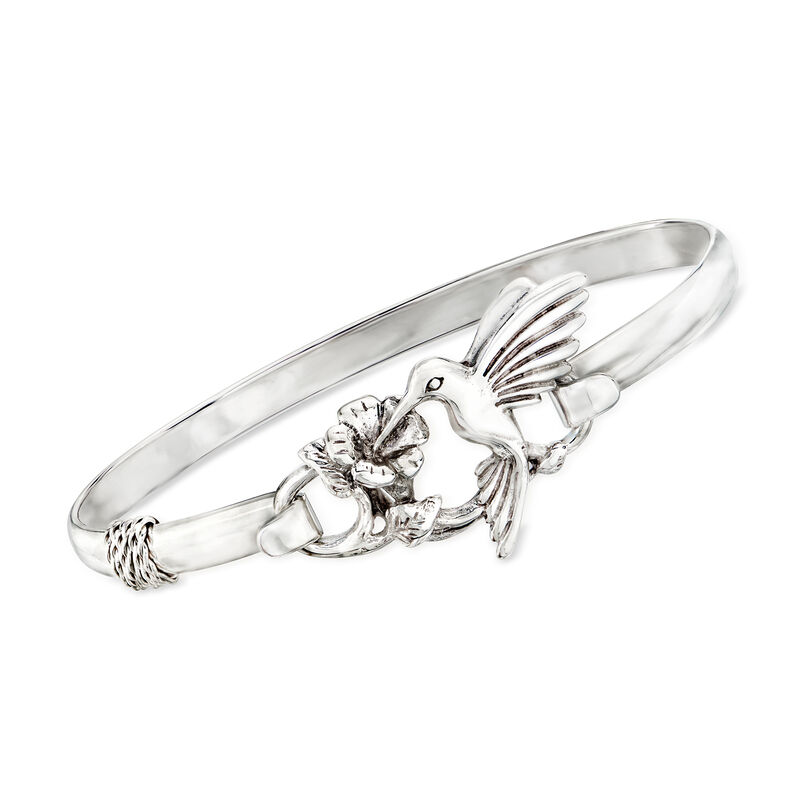 C. 1980 Vintage Sterling Silver Hummingbird and Flower Bangle Bracelet image number 0