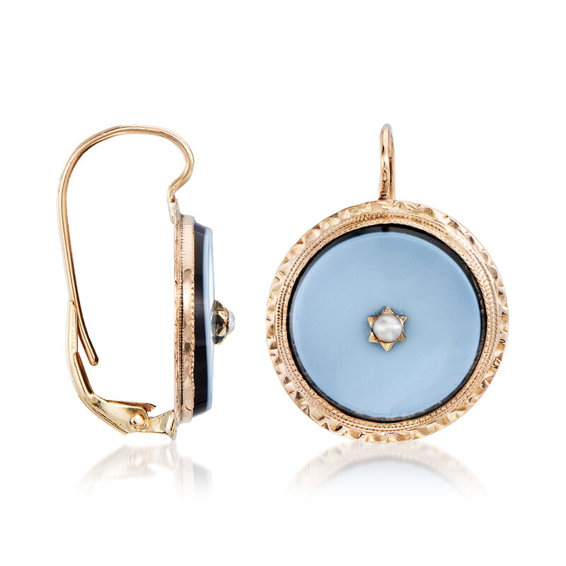 C. 1930 Vintage Gray Agate Drop Earrings with Cultured Half-Pearls in 14kt Yellow Gold image number 2