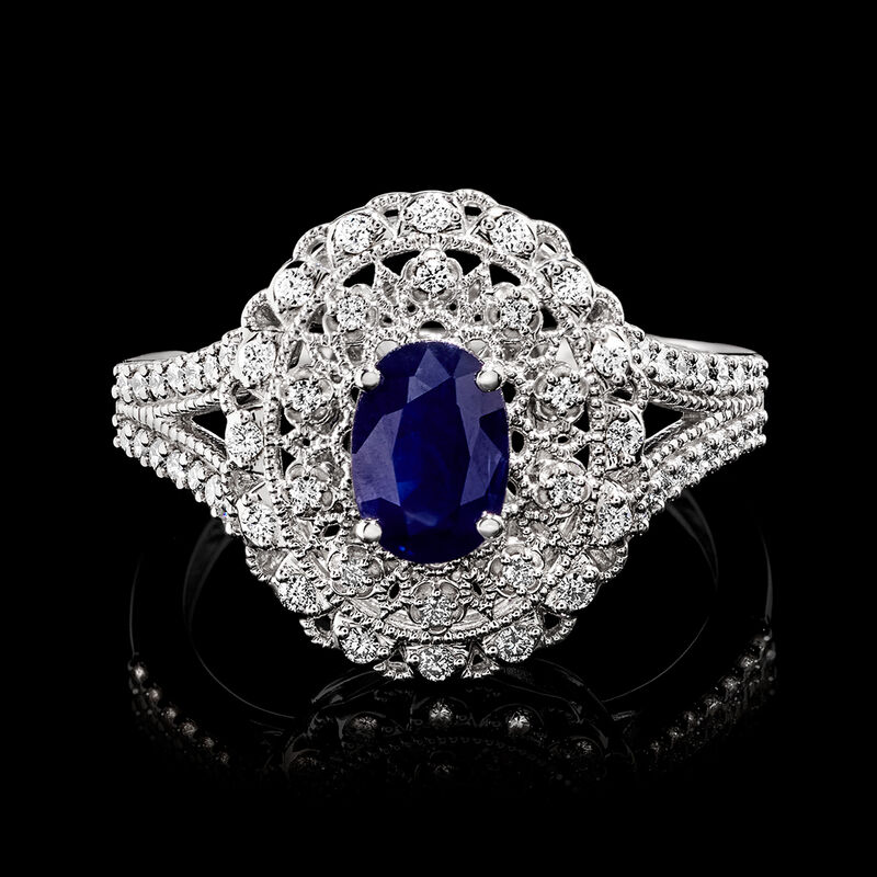 .60 Carat Sapphire and .30 ct. t.w. Lab-Grown Diamond Vintage-Style Ring in Sterling Silver image number 3