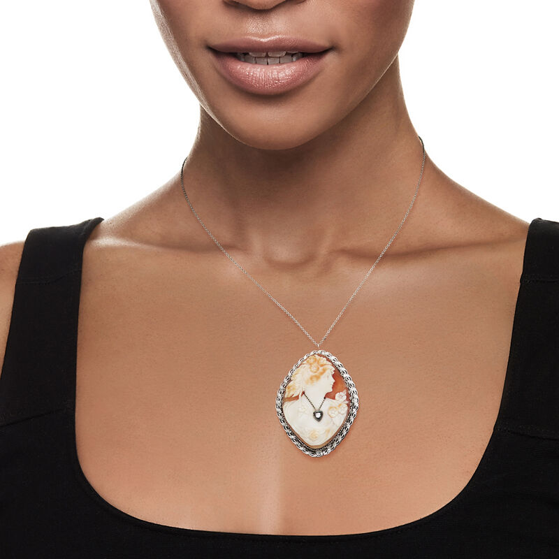 C. 1980 Brown Shell Cameo Pendant Necklace with Single Diamond in 10kt and 14kt White Gold. 16&quot; image number 1