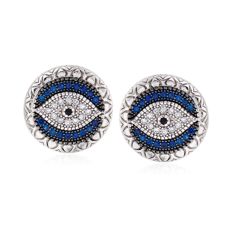 .28 ct. t.w. Simulated Sapphire and .14 ct. t.w. Black and White CZ Evil Eye Earrings in Sterling Silver image number 0