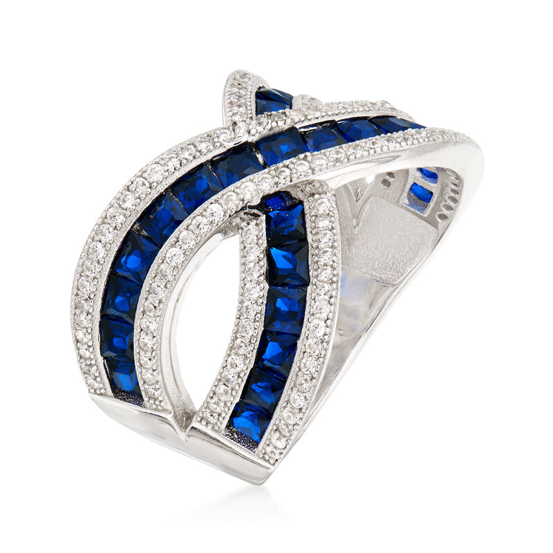 2.70 ct. t.w. Synthetic Blue Spinel and 1.05 ct. t.w. CZ Crisscross Ring in Sterling Silver image number 2