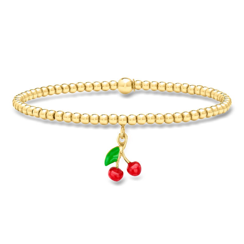 Italian 3mm 18kt Gold Over Sterling Bead Stretch Bracelet with Enamel Cherry Charm. 8" image number 0