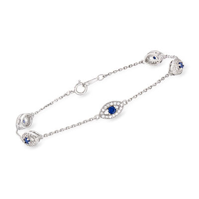 .30 ct. t.w. CZ and .20 ct. t.w. Simulated Sapphire Evil Eye Station Bracelet in Sterling Silver