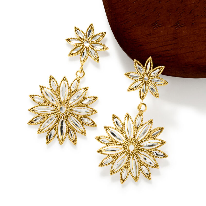 Italian Sterling Silver and 18kt Gold Over Sterling Flower Drop Earrings image number 2
