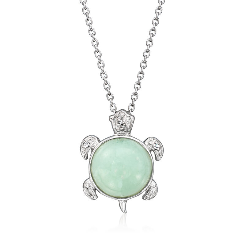 Jade Turtle Pendant Necklace with Diamonds in Sterling Silver. 18&quot; image number 1