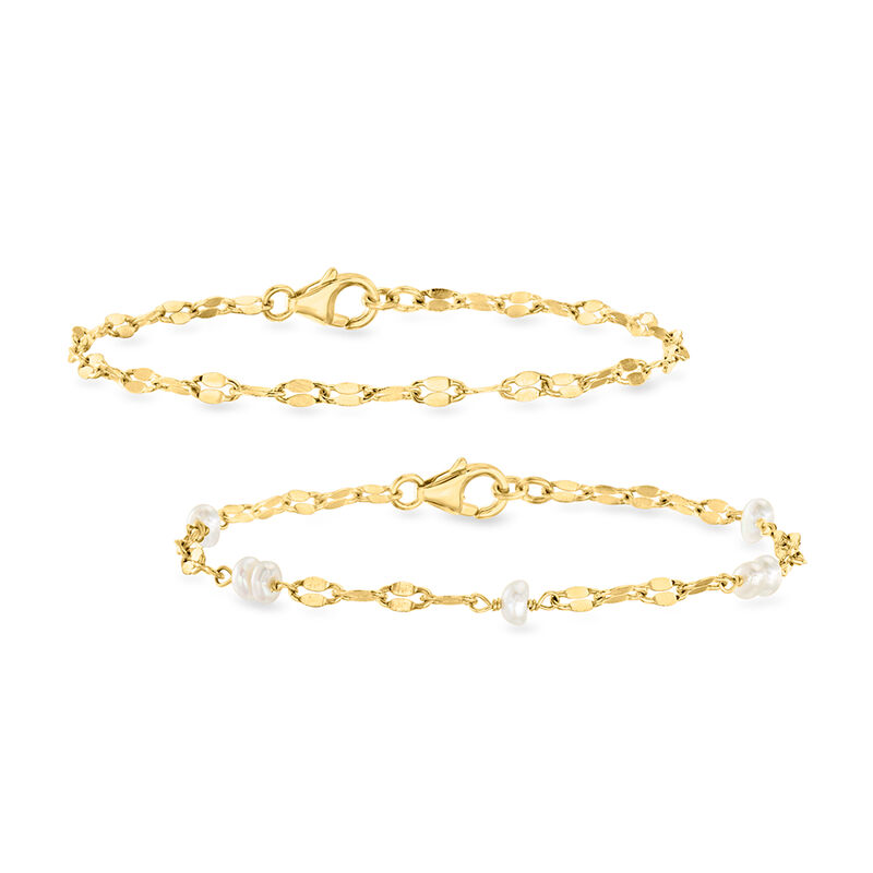 4mm Cultured Pearl and 18kt Gold Over Sterling Jewelry Set: Two Lumachina-Chain Bracelets. 7&quot; image number 0