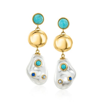 14kt Yellow Gold-Plated Drop Earrings with 5-7mm Amazonites, Simulated Baroque Pearls and Simulated Gemstones