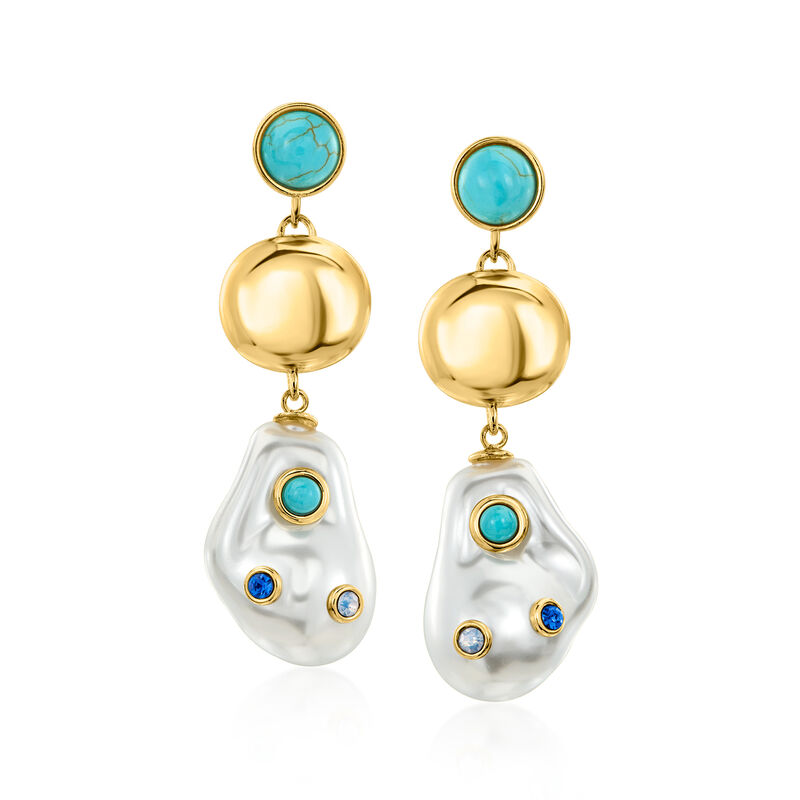 14kt Yellow Gold-Plated Drop Earrings with 5-7mm Amazonites, Simulated Baroque Pearls and Simulated Gemstones  image number 0