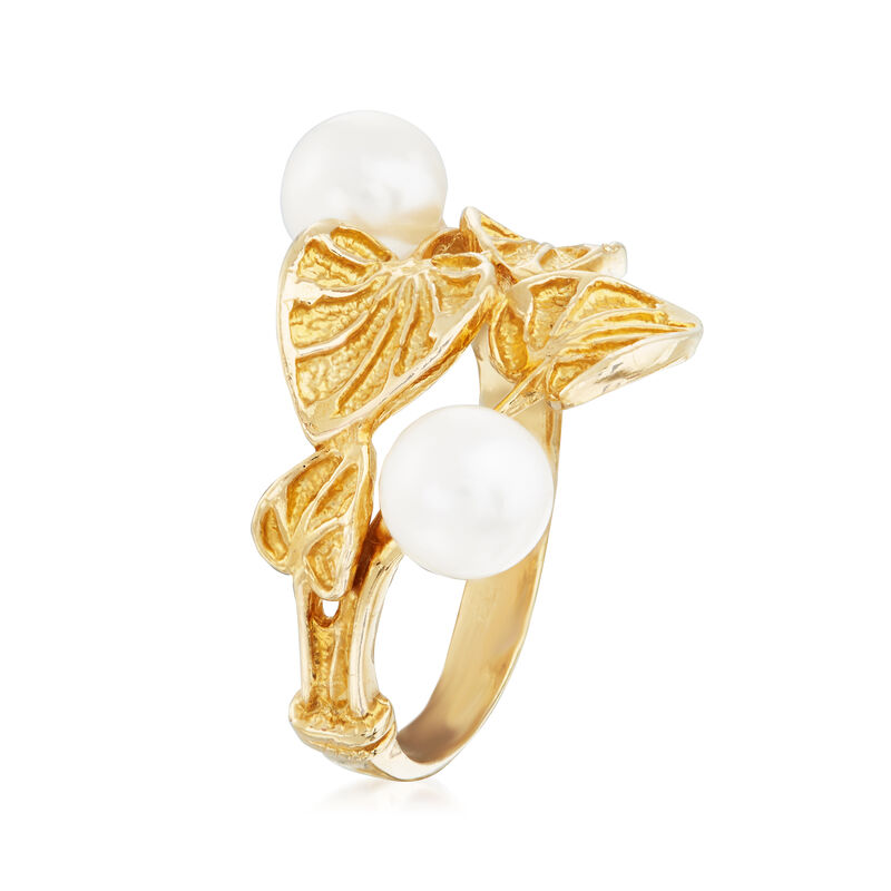 Italian Cultured Pearl and Vine Motif Ring in 24kt Gold Over Sterling image number 2