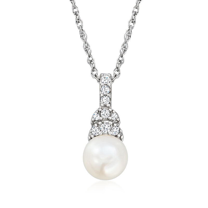 7-7.5mm Cultured Pearl and .50 ct. t.w. White Topaz Jewelry Set: Pendant Necklace and Ring in Sterling Silver. Size 7 image number 2