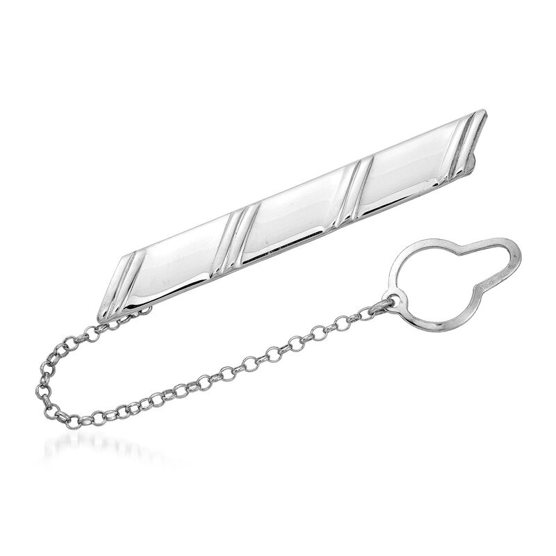 Italian Sterling Silver Striped Tie Bar with Rolo-Link Chain
