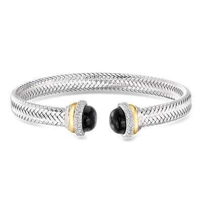 Charles Garnier "New Mesh" Black Agate and 1.00 ct. t.w. CZ Cuff Bracelet in Sterling Silver with 18kt Gold Over Sterling