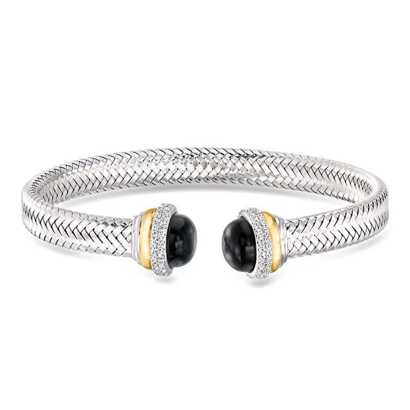 Charles Garnier "New Mesh" Black Agate and 1.00 ct. t.w. CZ Cuff Bracelet in Sterling Silver with 18kt Gold Over Sterling. 7.5" image number 0