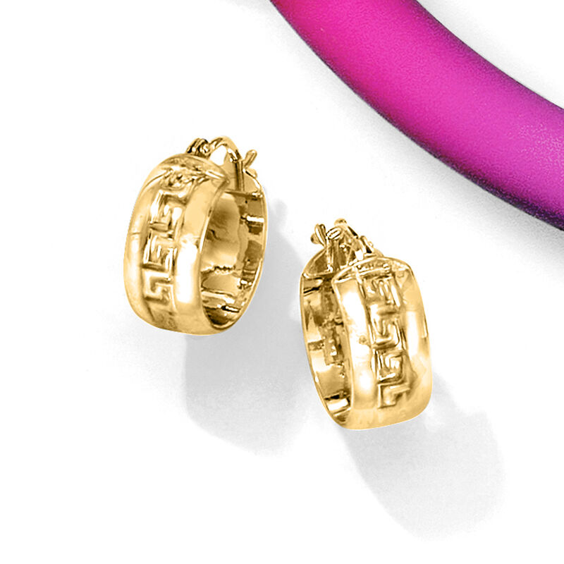 Italian 10kt Yellow Gold Greek Key Huggie Hoop Earrings. 1/2" image number 2