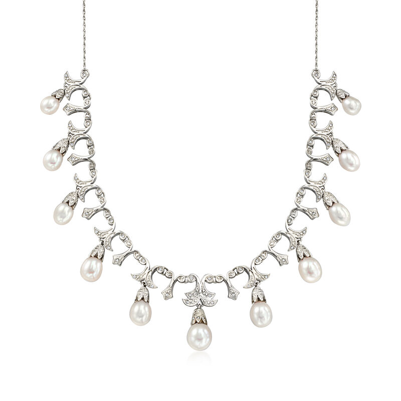 6-9mm Cultured Pearl and .20 ct. t.w. Diamond Necklace in Sterling Silver. 16&quot; image number 1