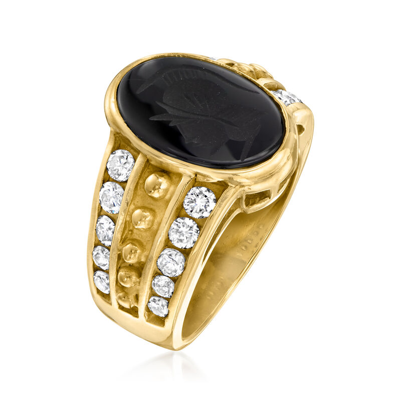 C. 1980 Vintage Black Onyx Centurion Head Ring with 1.00 ct. t.w. Diamonds in 18kt Yellow Gold. Size 6.5 image number 2