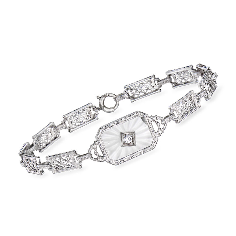 C. 1950 Vintage 2.00 Carat Rock Crystal Bracelet with Single Diamond in 10kt White Gold. 6.5&quot; image number 0