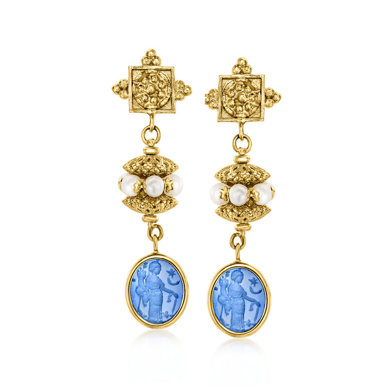 Italian Tagliamonte Blue Venetian Glass and 4-4.5mm Cultured Pearl Drop Earrings in 18kt Gold Over Sterling image number 0