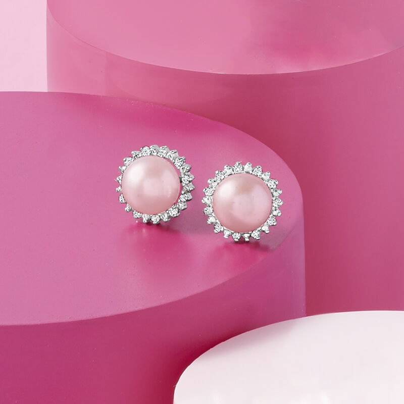 7-7.5mm Pink Cultured Pearl and .13 ct. t.w. Diamond Earrings in Sterling Silver image number 3