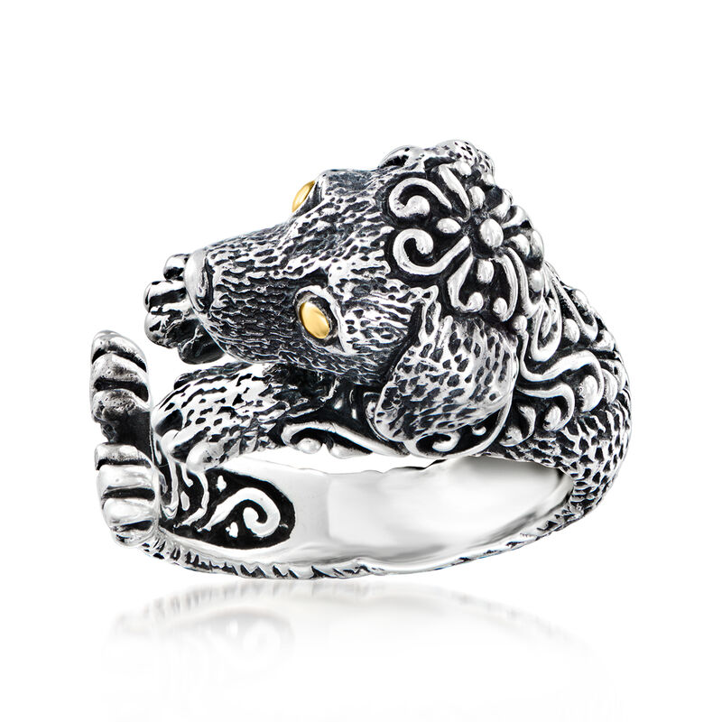 Sterling Silver Bali-Style Dog Wrap Ring with 18kt Yellow Gold image number 0