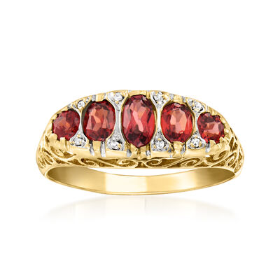 C. 1980 Vintage 1.15 ct. t.w. Garnet Five-Stone Ring with Diamonds in 14kt Yellow Gold
