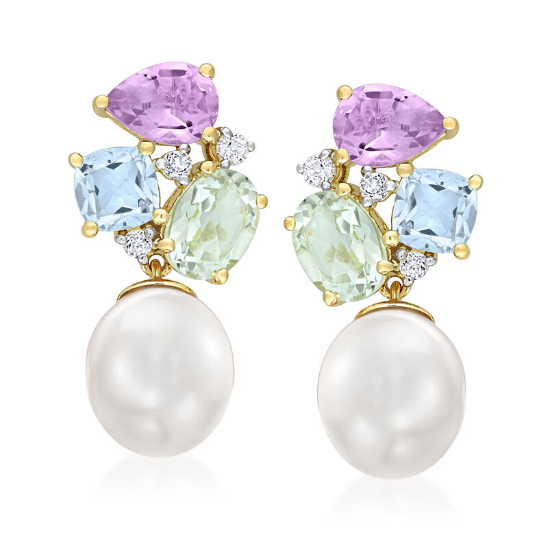 9x9.5mm Cultured Pearl and 4.77 ct. t.w. Multi-Gemstone Earrings in 18kt Gold Over Sterling image number 0