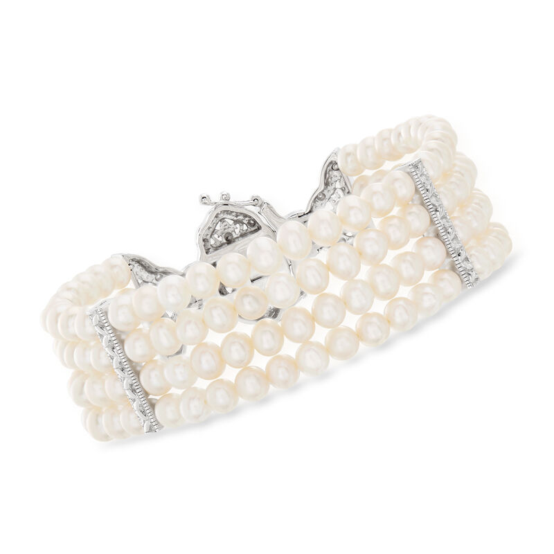 4.5-5mm Cultured Pearl and .15 ct. t.w. Diamond Multi-Strand Bracelet in Sterling Silver image number 2