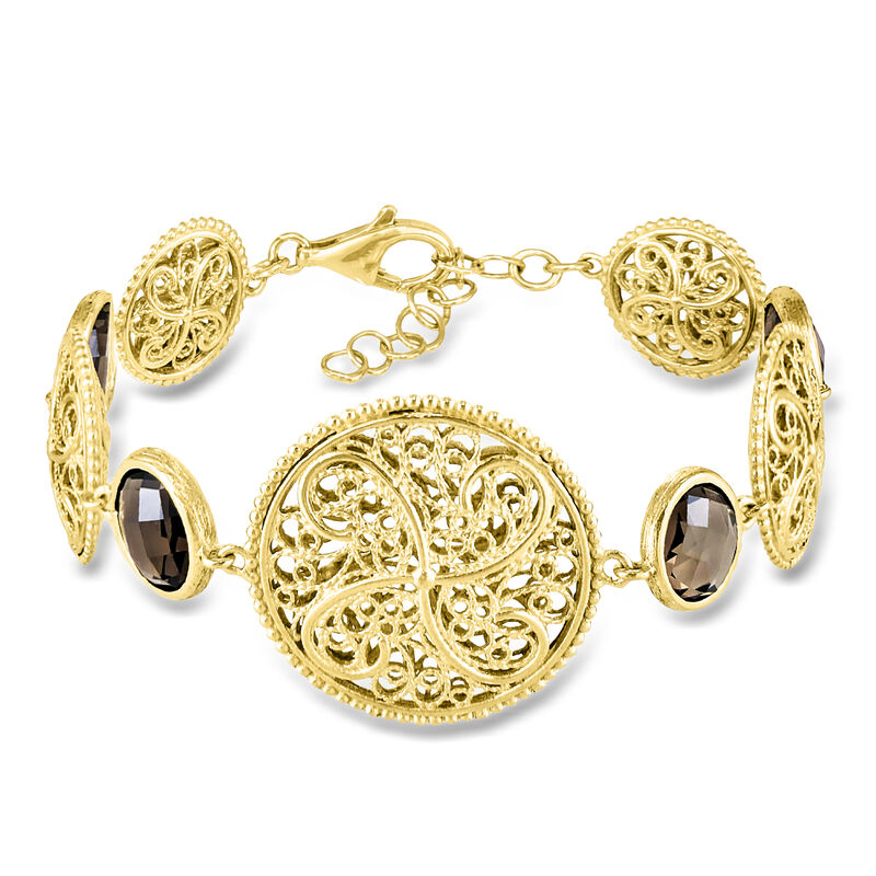 13.00 ct. t.w. Smoky Quartz Filigree Disc Bracelet in 18kt Gold Over Sterling. 7" image number 0