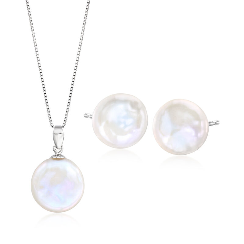 5-12mm Cultured Coin Pearl Jewelry Set: Pendant Necklace and Earrings in Sterling Silver. 18&quot; image number 1