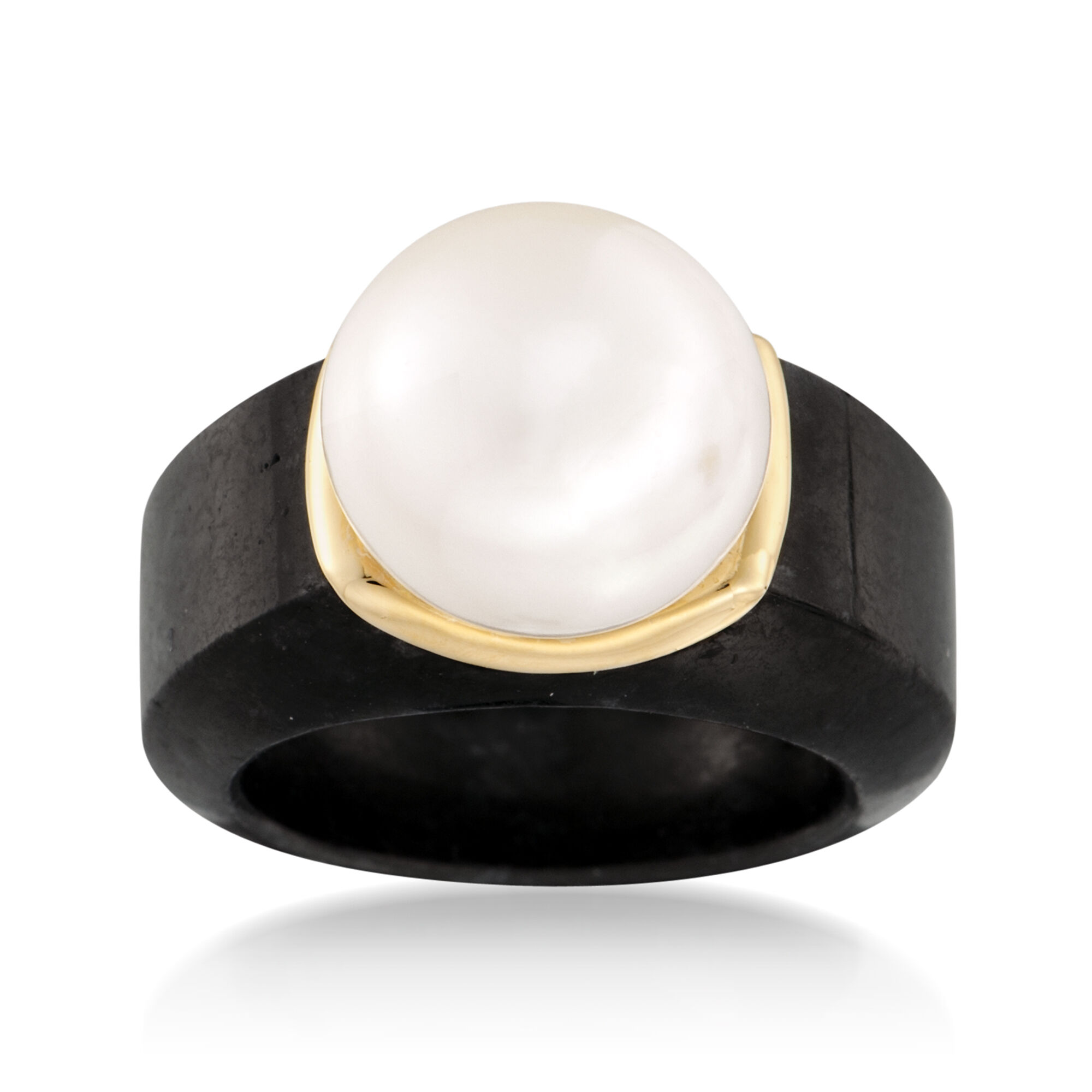 13 13.5mm Cultured Pearl and Black Jade Ring with 14kt Yellow Gold