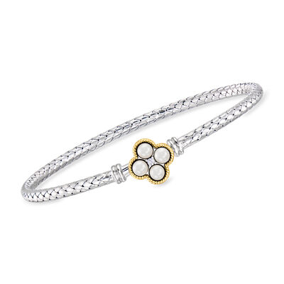 Charles Garnier "Trefle" 3.5-4mm Cultured Pearl Bangle Bracelet with Single CZ in Sterling Silver and 18kt Gold Over Sterling