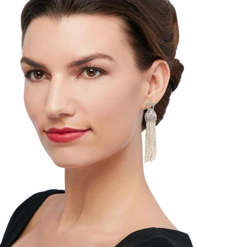 Cultured Pearl and 2.90 ct. t.w. White Topaz Panther Tassel Earrings in Sterling Silver image number 1