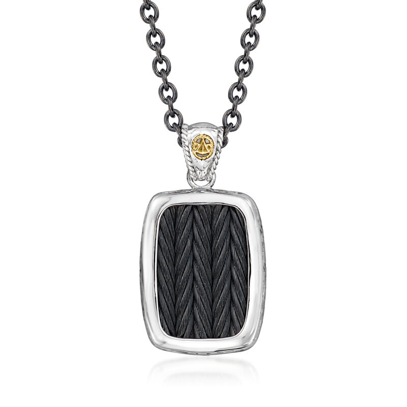 ALOR Men's Black and White Stainless Steel Cable Pendant Necklace with 18kt Yellow Gold. 22&quot; image number 0