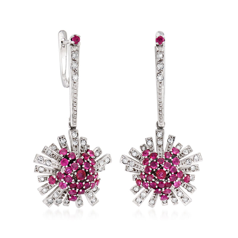 C. 1960 Vintage 1.50 ct. t.w. Ruby and .85 ct. t.w. Diamond Burst Drop Earrings in 18kt White Gold image number 2
