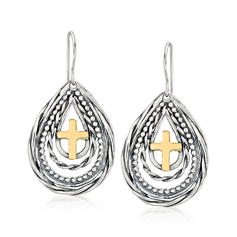 Sterling Silver and 14kt Yellow Gold Cross Teardrop Earrings  image number 0