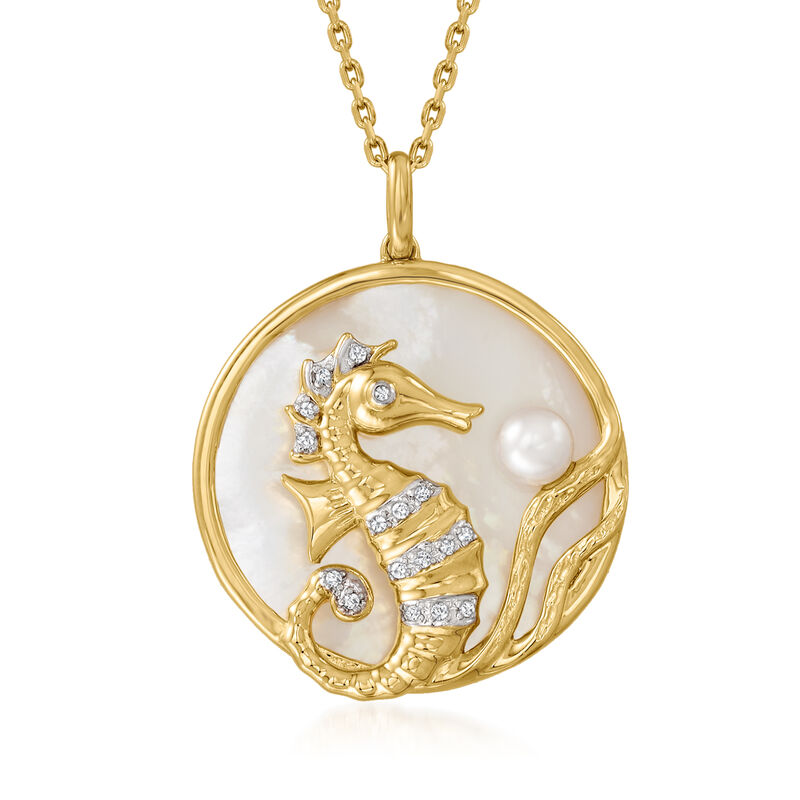 Mother-Of-Pearl and 5mm Cultured Pearl Seahorse Pendant Necklace with Diamond Accents in 18kt Gold Over Sterling image number 0
