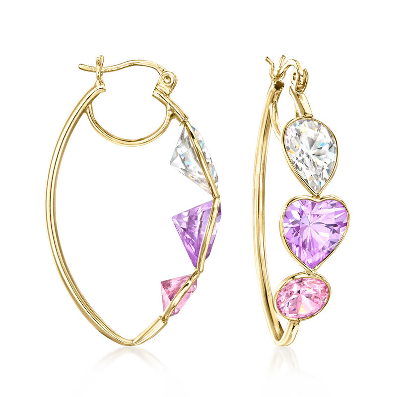 C. 1980 Vintage 14.90 ct. t.w. Multicolored CZ Hoop Earrings in 14kt Yellow Gold. 1 1/2" image number 0