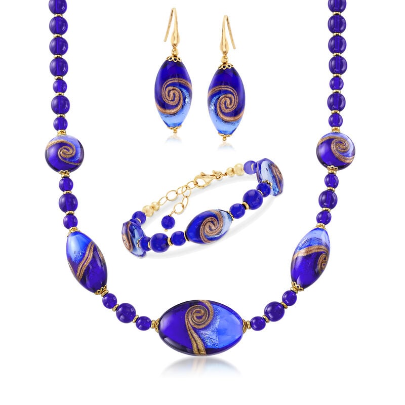 Italian Murano Glass Jewelry Set: Bracelet, Drop Earrings and Necklace with 18kt Gold Over Sterling. 18" image number 0