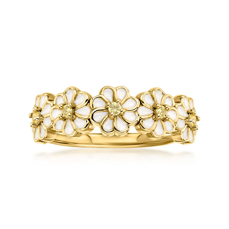 .10 ct. t.w. Yellow Sapphire and White Enamel Flower Ring in 18kt Gold Over Sterling image number 0