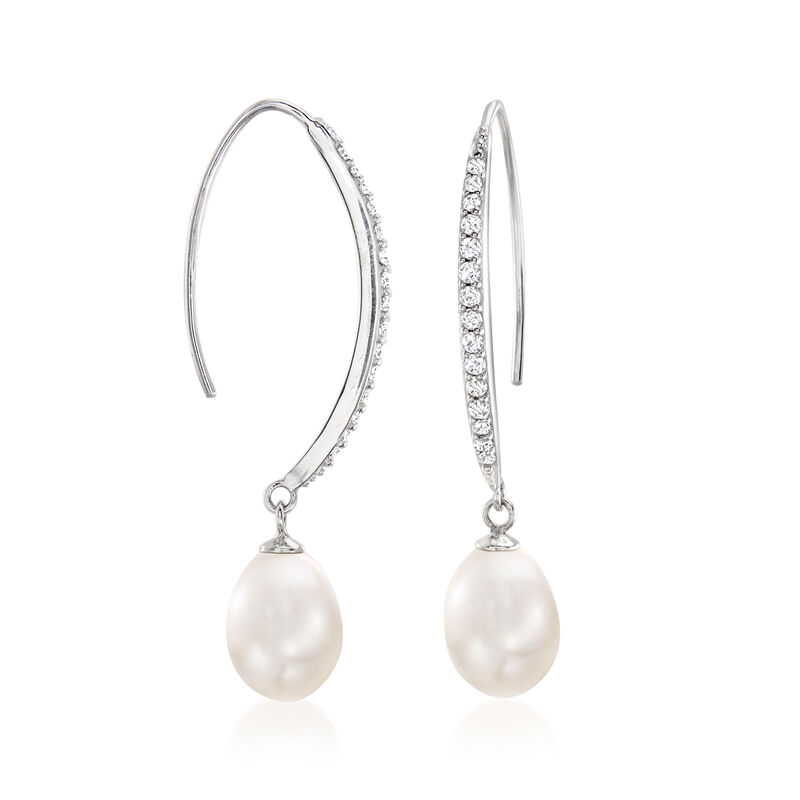 8x10mm Cultured Pearl and .38 ct. t.w. CZ Drop Earrings in Sterling Silver image number 2