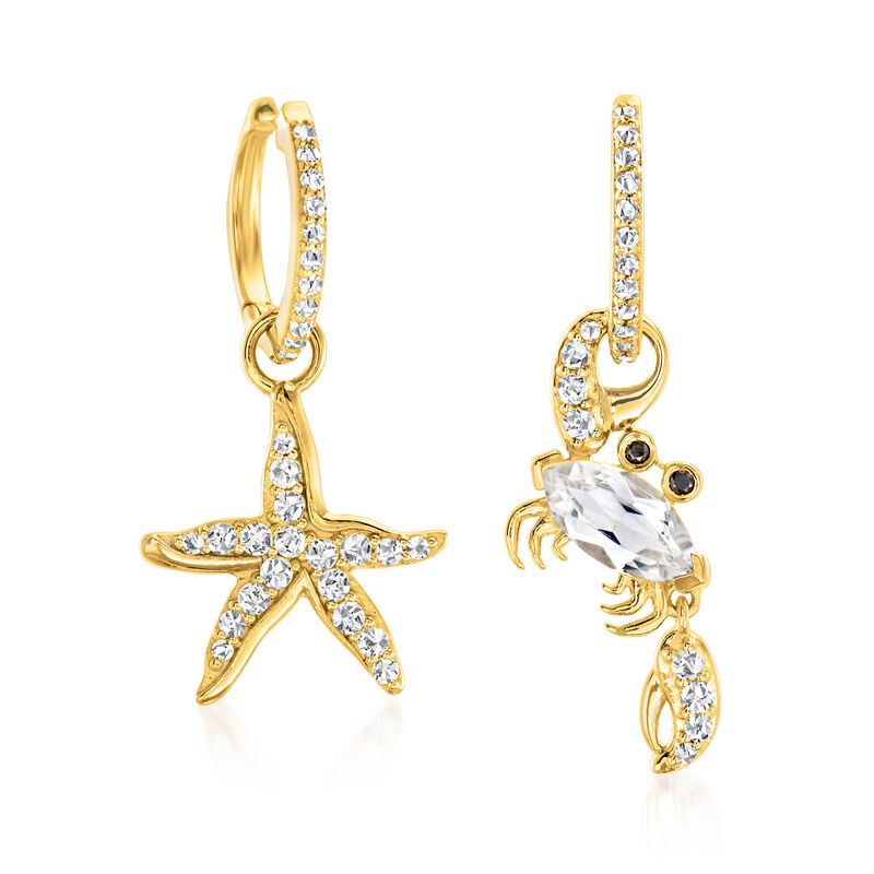 2.20 ct. t.w. White Topaz Starfish and Crab Mismatched Drop Earrings with Black Spinel in 18kt Gold Over Sterling  image number 3