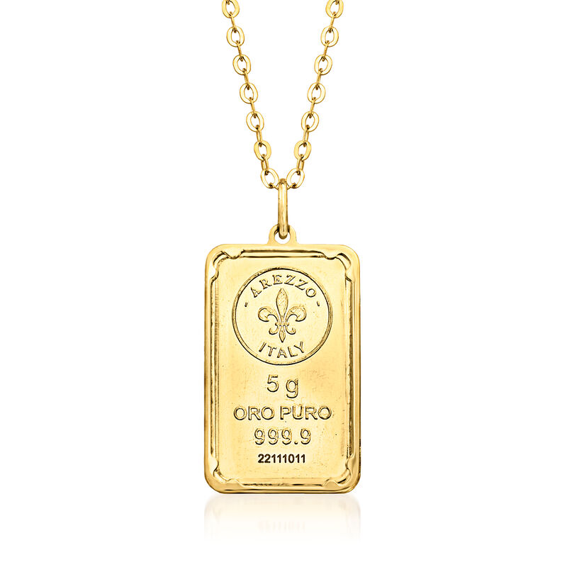 Italian 24kt Yellow Gold Fleur-De-Lis Five-Gram Ingot Pendant Necklace with 14kt Gold Frame image number 0
