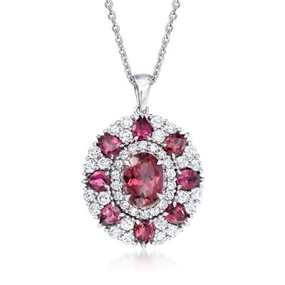 3.10 ct. t.w. Pink Tourmaline and 1.00 ct. t.w. Diamond Pendant Necklace in 14kt White Gold