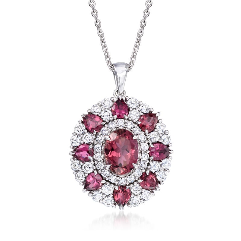 3.10 ct. t.w. Pink Tourmaline and 1.00 ct. t.w. Diamond Pendant Necklace in 14kt White Gold. 16" image number 0