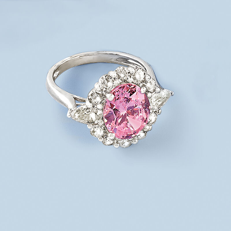 4.00 Carat Simulated Pink Sapphire and 2.00 ct. t.w. CZ Ring in Sterling Silver image number 5