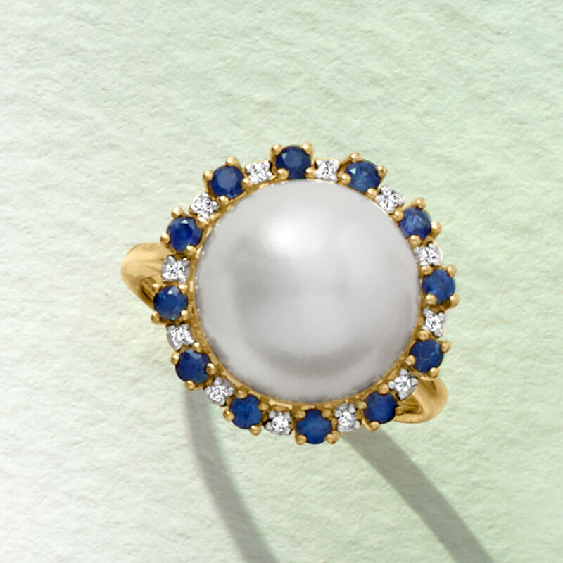12.5-13mm Cultured Button Pearl and .60 ct. t.w. Sapphire Ring with Diamonds in 14kt Yellow Gold image number 4