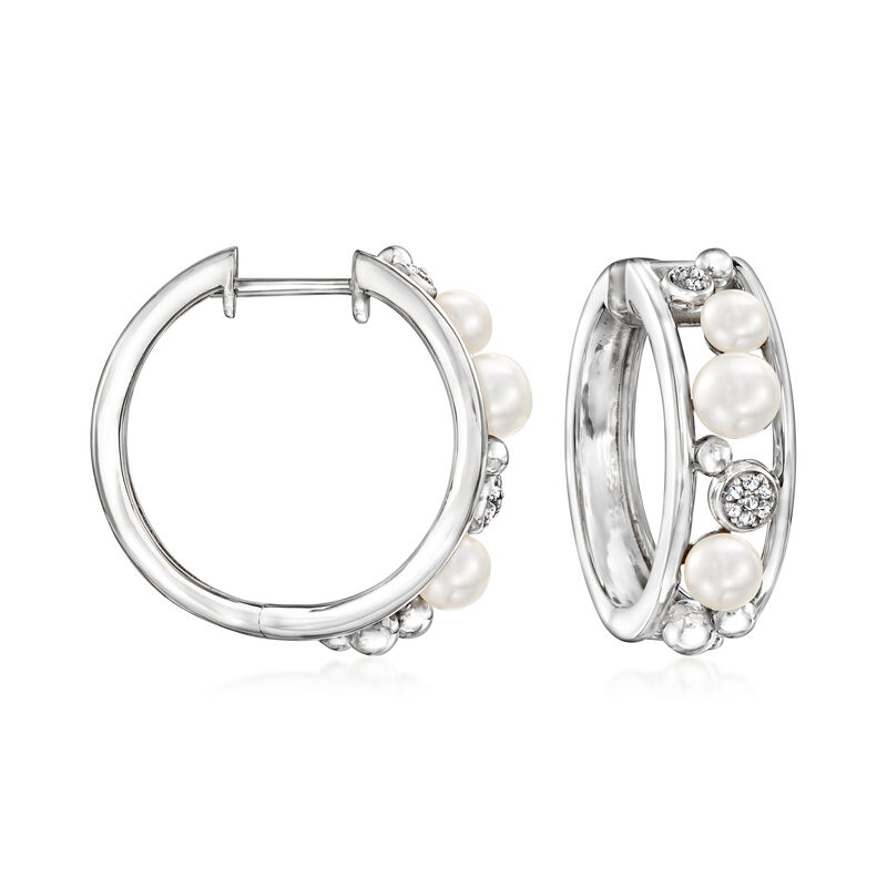 3.5-5mm Cultured Pearl Hoop Earrings with Diamonds in Sterling Silver. 3/4&quot; image number 0