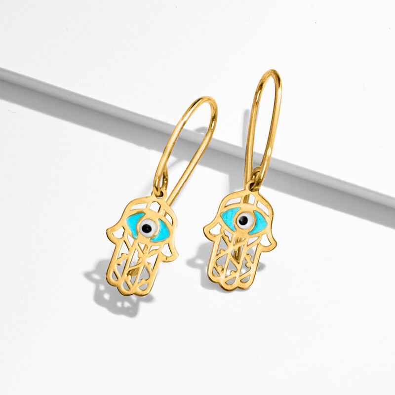 Italian 14kt Yellow Gold Evil Eye Hamsa Drop Earrings with Multicolored Enamel image number 3